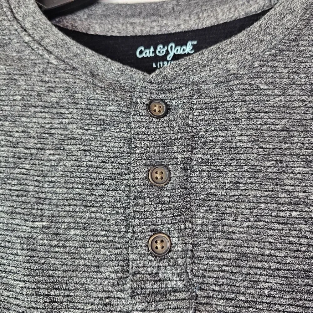 Cat & Jack Boys Size L 12 14 Long Sleeve Henley Shirt Heather Dark Gray Charcoal